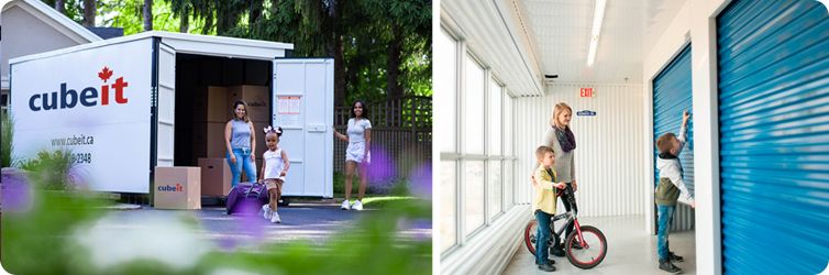 family on the left using a Cubeit storage container and a family on the right using a self storage unit