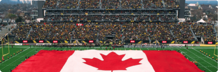 Canadian Flag at the Hamilton Tiger-Cats with roaring fans and Access Storage signage